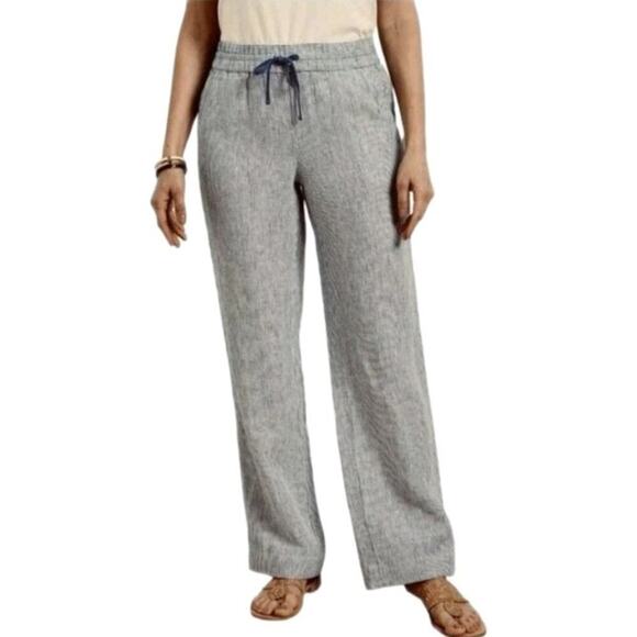 Talbots~Woman L Petite~Blue/White Linen Wide Leg Pants Pull On Coastal Beach NWT - Picture 2 of 16